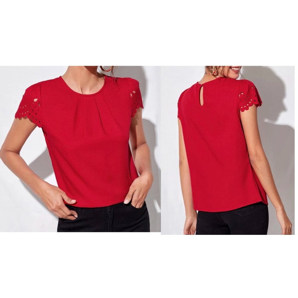 Shein Scallop Trim Laser Cut Sleeve Pleated Detail Top - Red - Size M